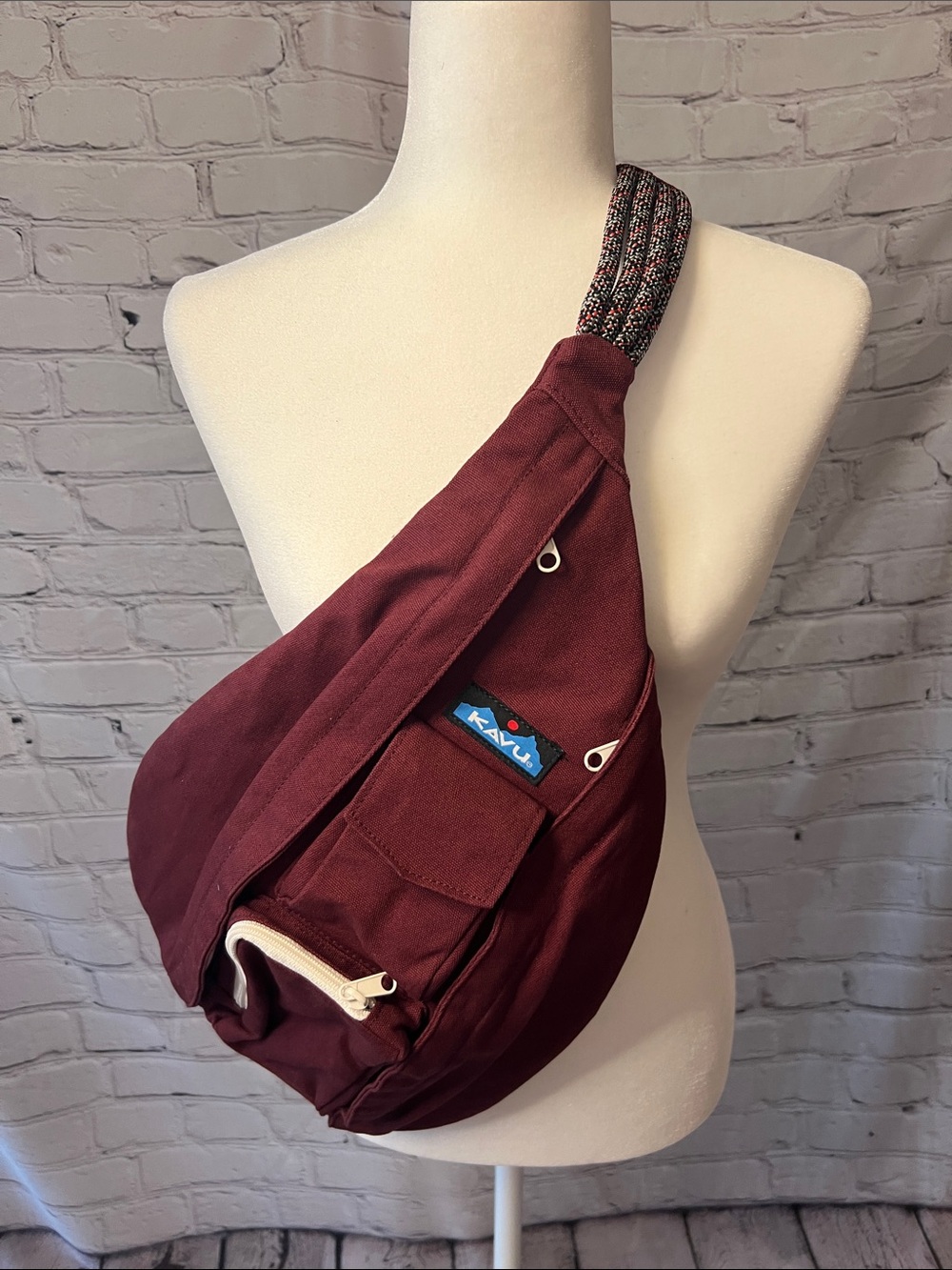 KAVU Burgundy Rope Sling Bag Crossbody Backpack Cotton Outdoor Travel Hiking